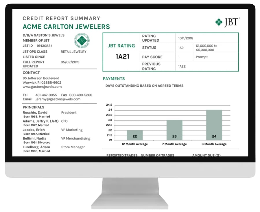 JBT credit rating sample on a computer monitor